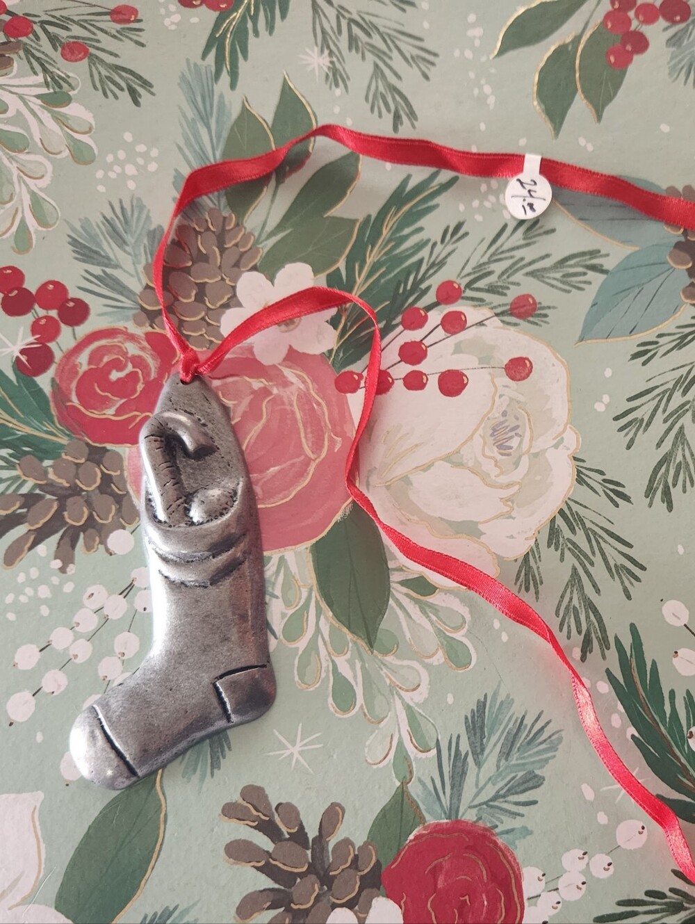 Vtg Pewter Candy Cane Stocking Holiday Statement Necklace Ribbon